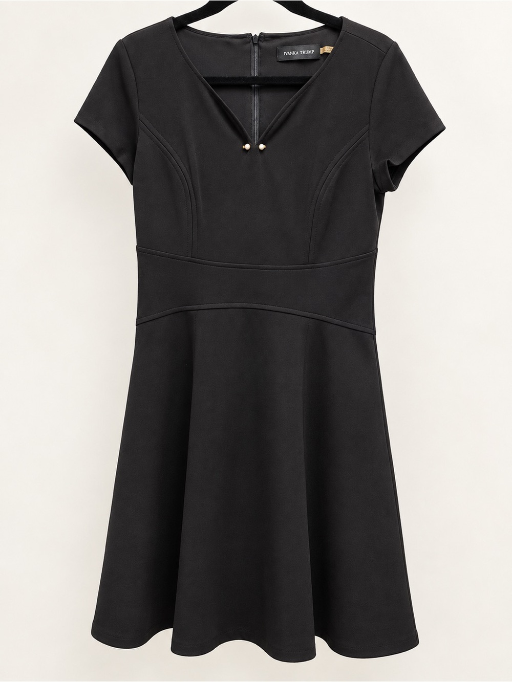 Ivanka Trump Black V-Neck Fit & Flare Dress Pearl Detail Size 10